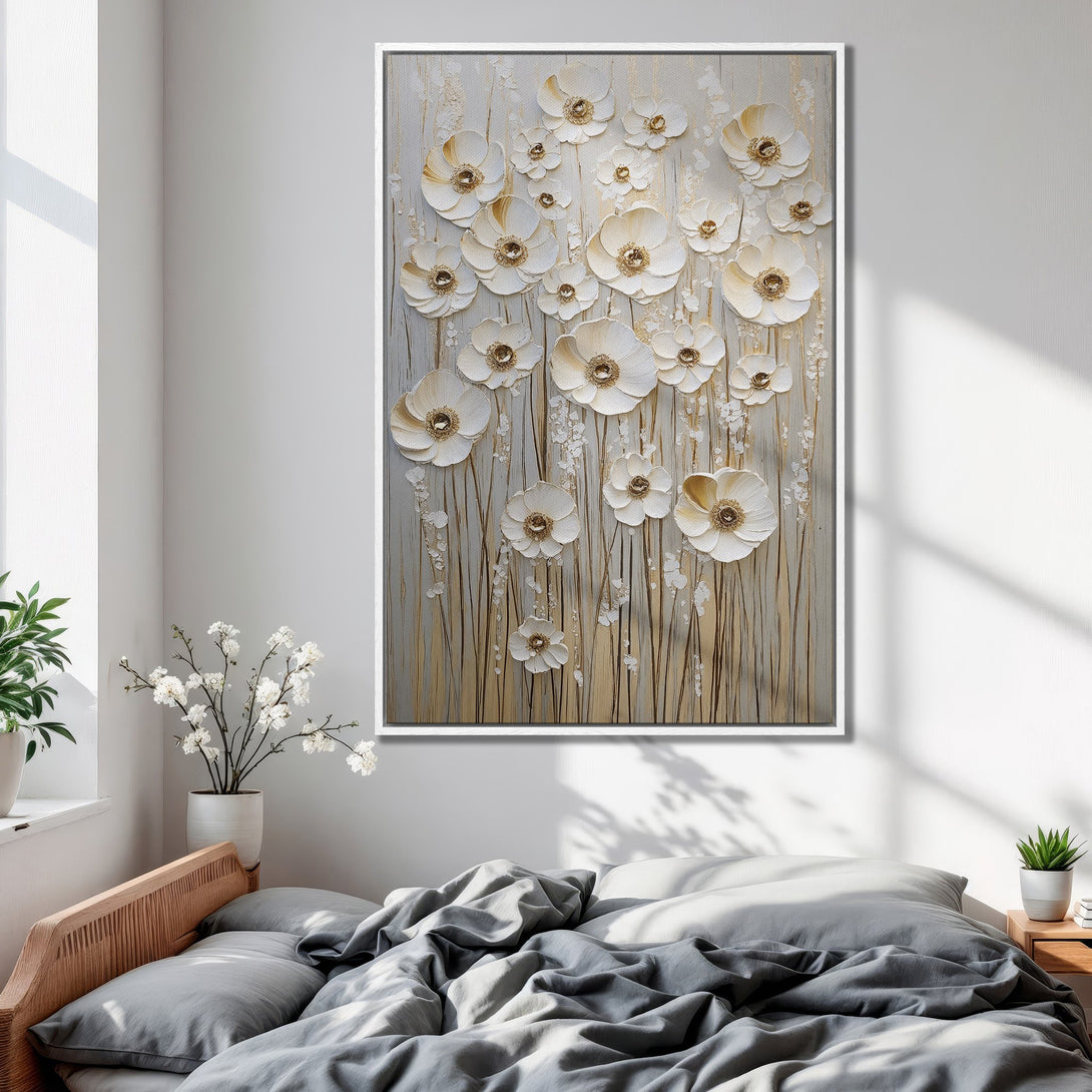 Framed Wall Art featuring elegant white floral design with gold accents. Neutral color palette perfect for bedroom decor. Add a touch of sophistication!