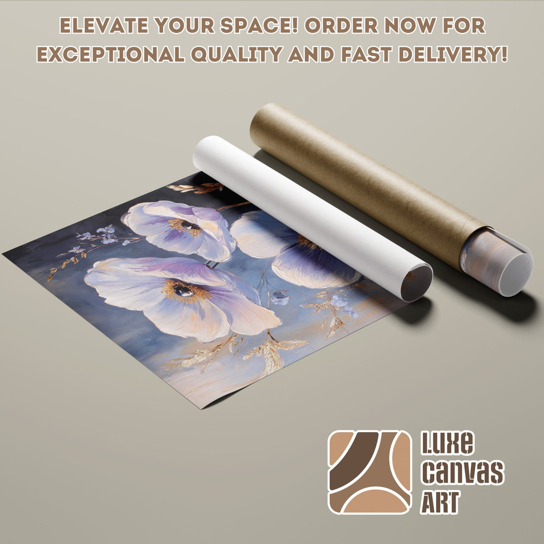 Floral art poster roll, soft blue and gold palette, perfect for home decor. Order now!