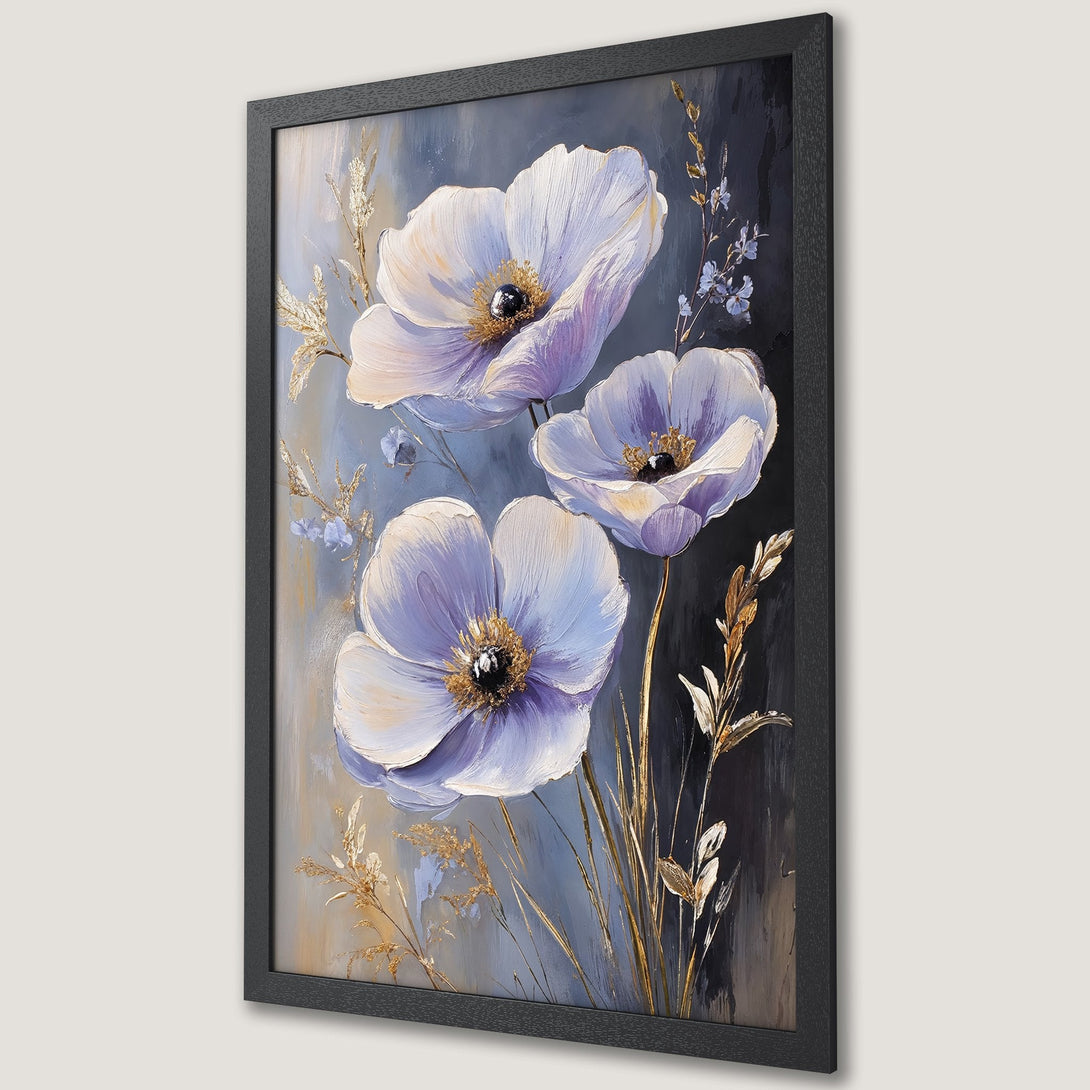 Framed Poster featuring elegant floral art in a modern style with a blue, gold, and neutral color palette. Perfect wall decor!