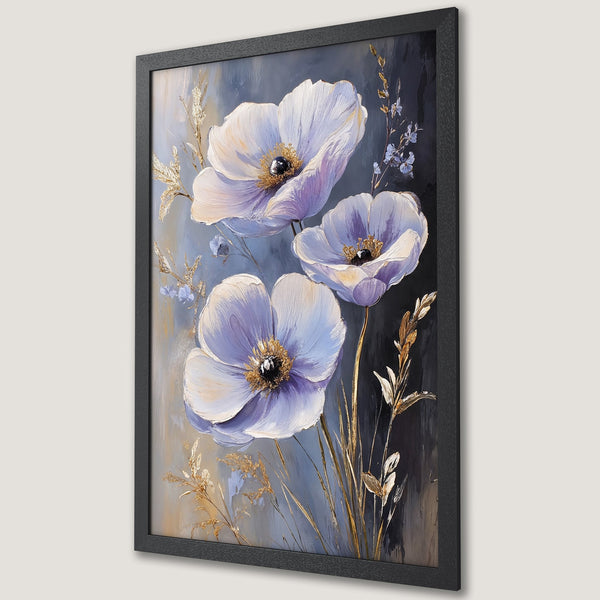 Framed Poster featuring elegant floral art in a modern style with a blue, gold, and neutral color palette. Perfect wall decor!