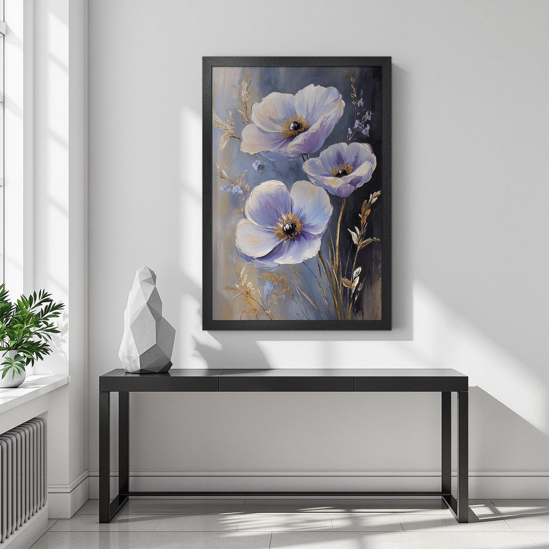 Framed Poster featuring elegant floral art in a soft blue and gold palette. Perfect for adding a touch of sophistication to your home decor.