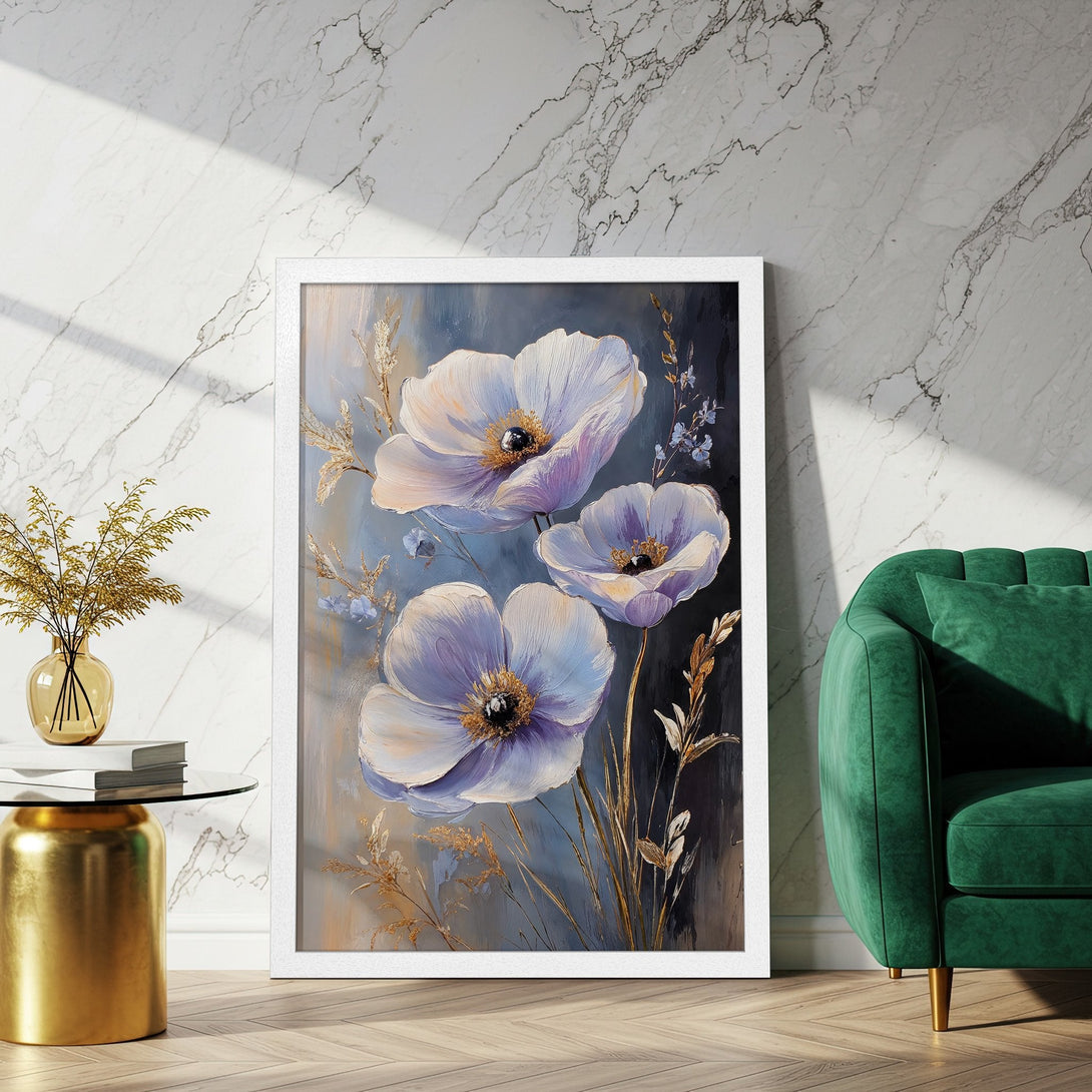 Framed Poster featuring elegant watercolor flowers in a soft blue and gold palette. Perfect wall art for a stylish home.