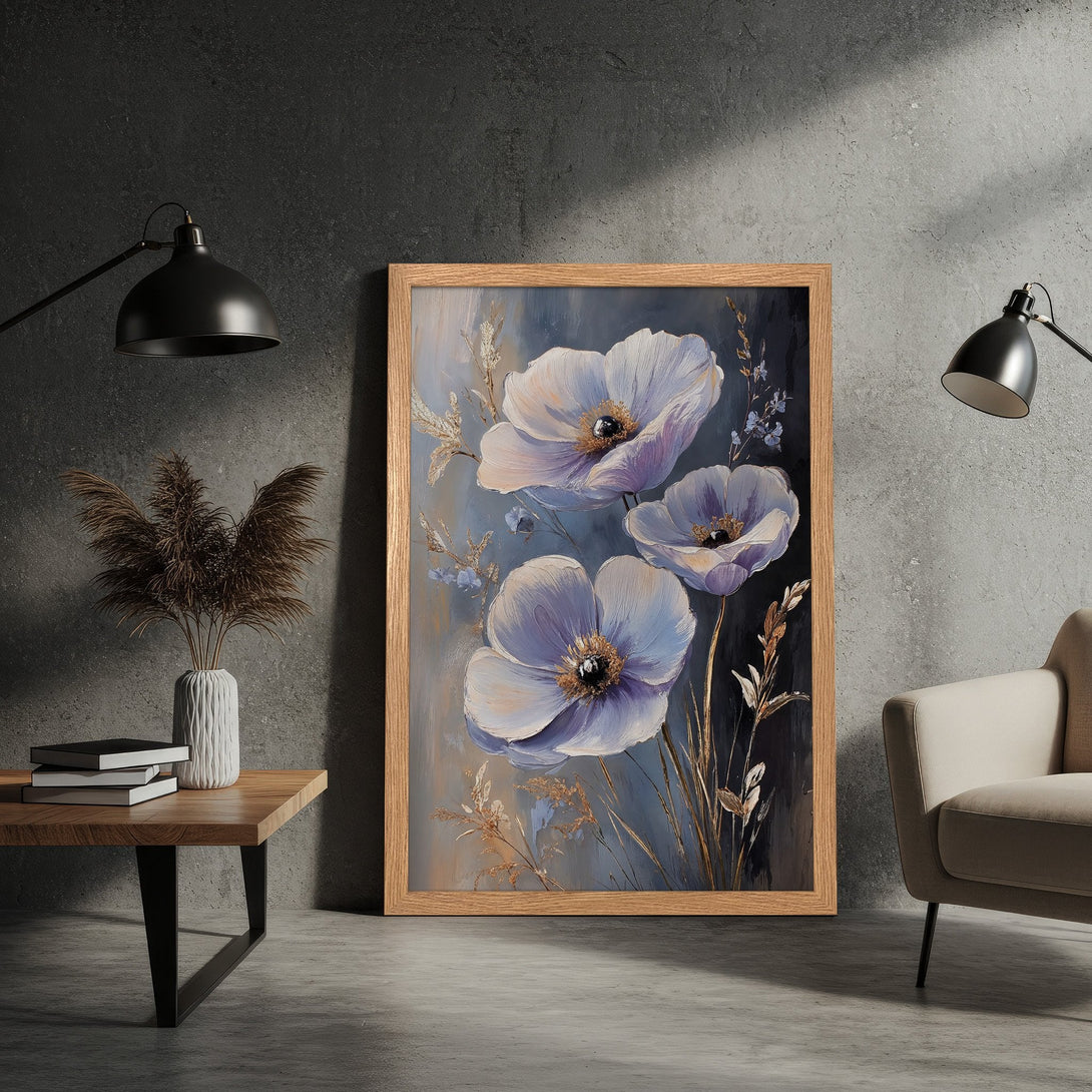 Framed Poster featuring elegant floral art in a muted blue and gold color palette, perfect for modern home decor.