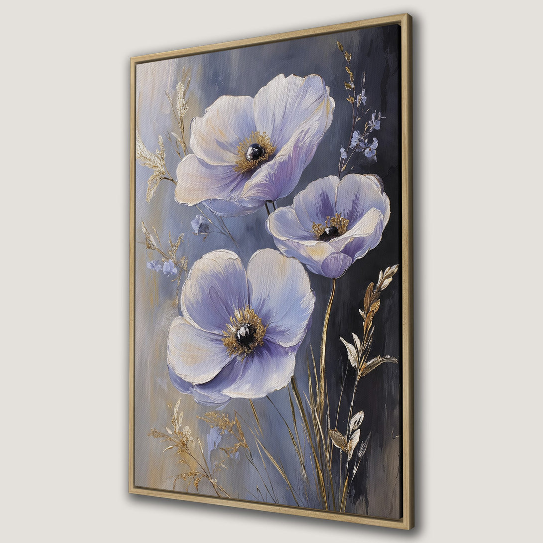 Framed Wall Art featuring elegant floral painting in a soft, muted color palette of blues, gold, and gray. Perfect for adding a touch of sophistication.