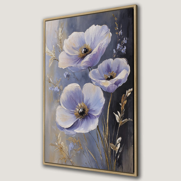 Framed Wall Art featuring elegant floral painting in a soft, muted color palette of blues, gold, and gray. Perfect for adding a touch of sophistication.