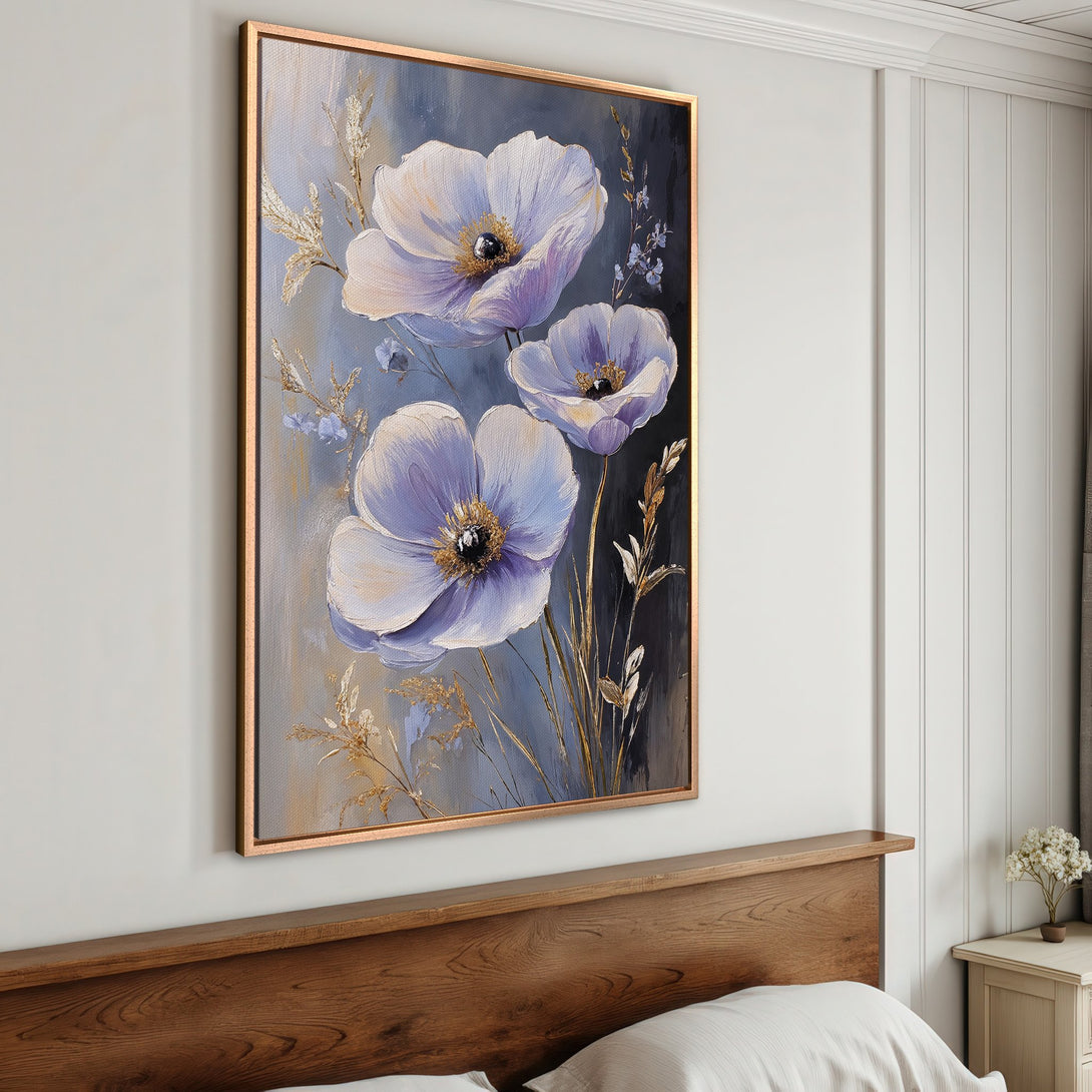 Framed Wall Art featuring elegant floral painting in a serene blue and gold color palette. Perfect for adding a touch of art to your home.