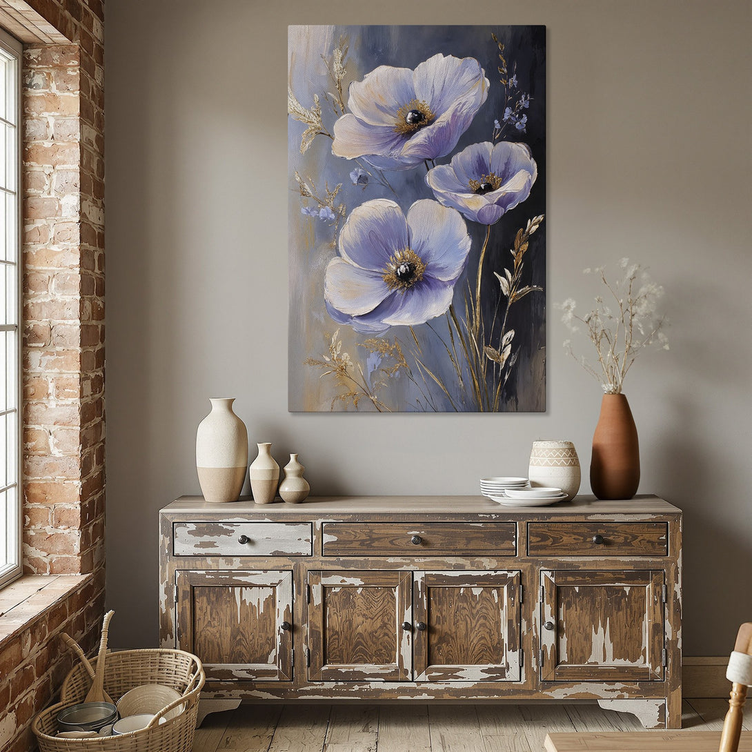 Framed Wall Art: Elegant floral canvas print in a dining room. Features soft blue and gold tones, perfect for adding a touch of sophistication.