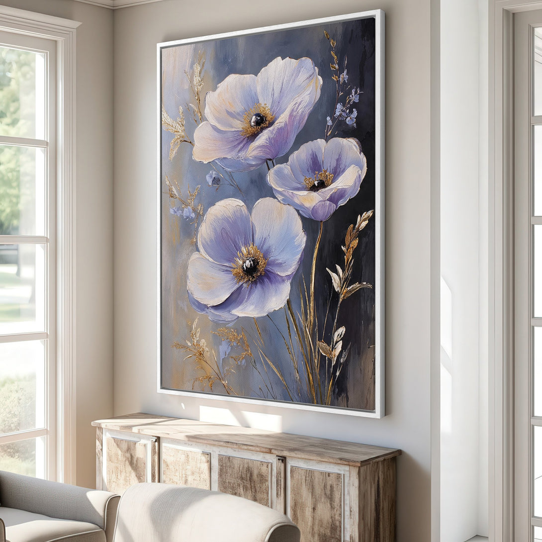 Framed Wall Art featuring elegant floral painting with a blue and gold color palette. Perfect for adding a touch of sophistication to any interior space.