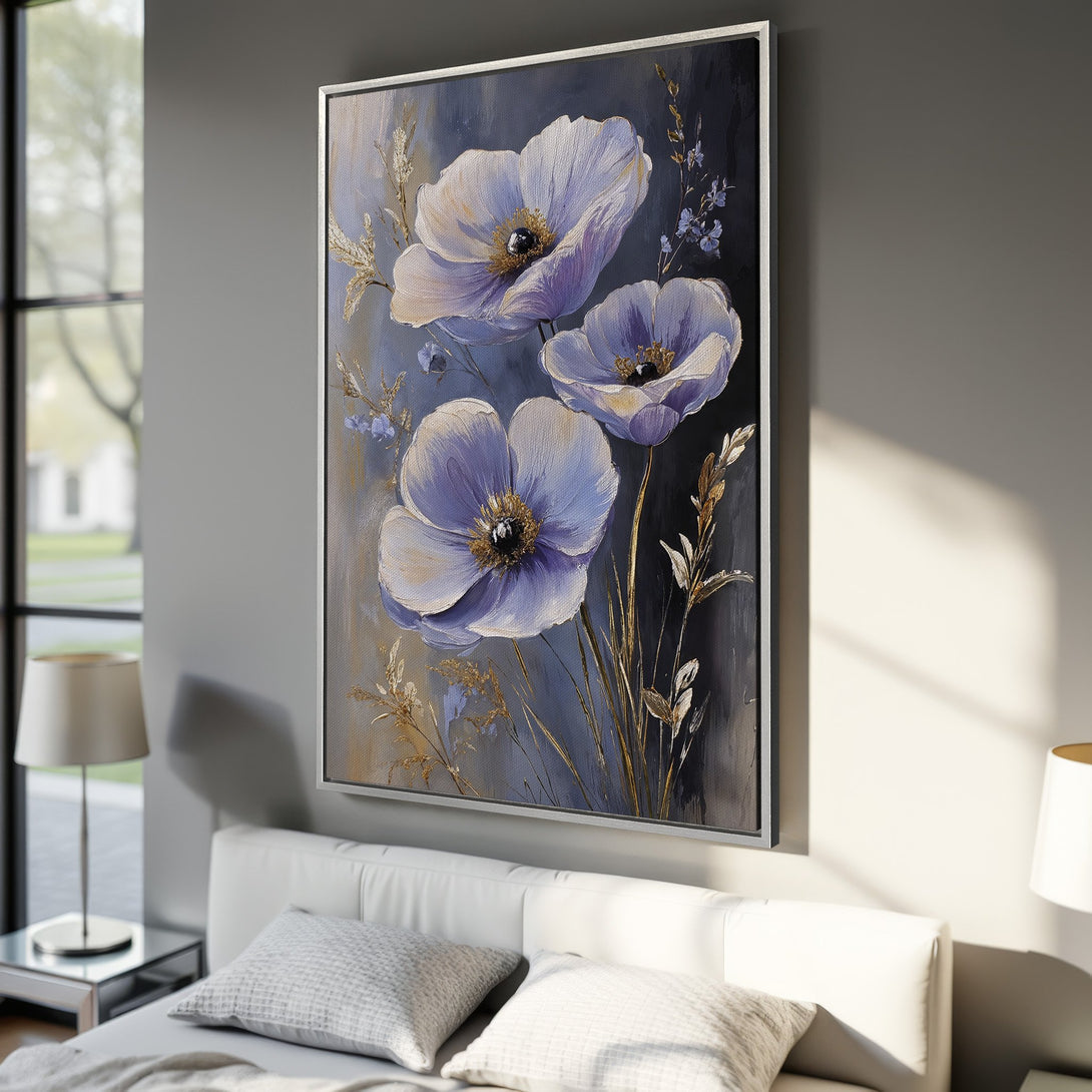 Framed Wall Art featuring elegant blue floral painting in a bedroom. Modern style with a calming blue, gold, and gray color palette. Elevate your space!