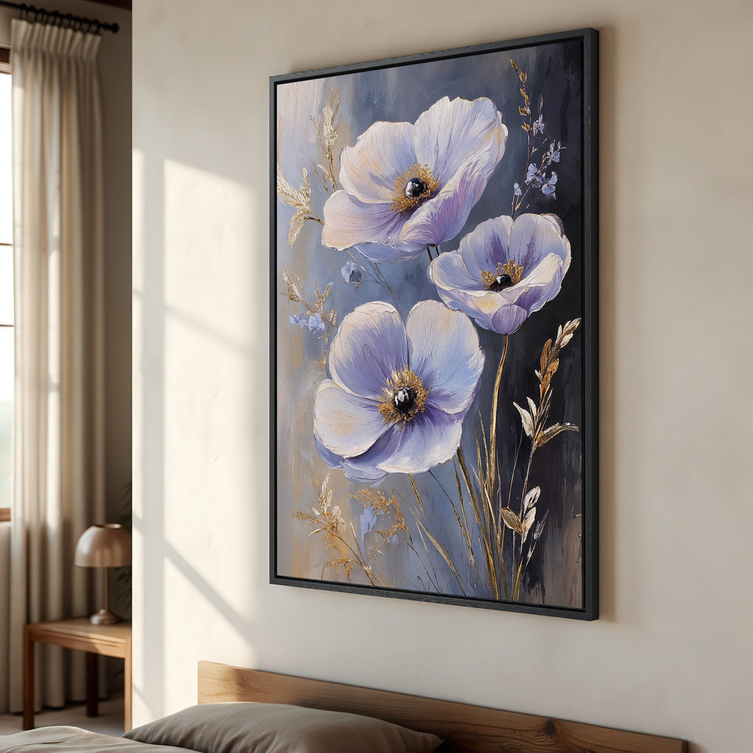 Framed Wall Art featuring elegant floral painting in a soft blue and gold color palette. Perfect for adding a touch of sophistication to any room.