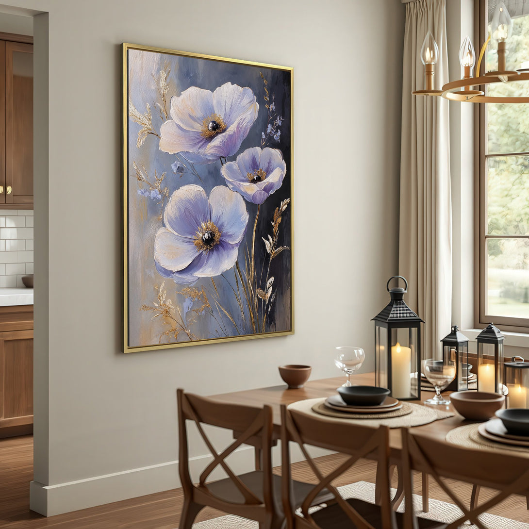 Canvas Print of elegant floral art in soft blue and gold tones, perfect for adding a touch of sophistication to any room.