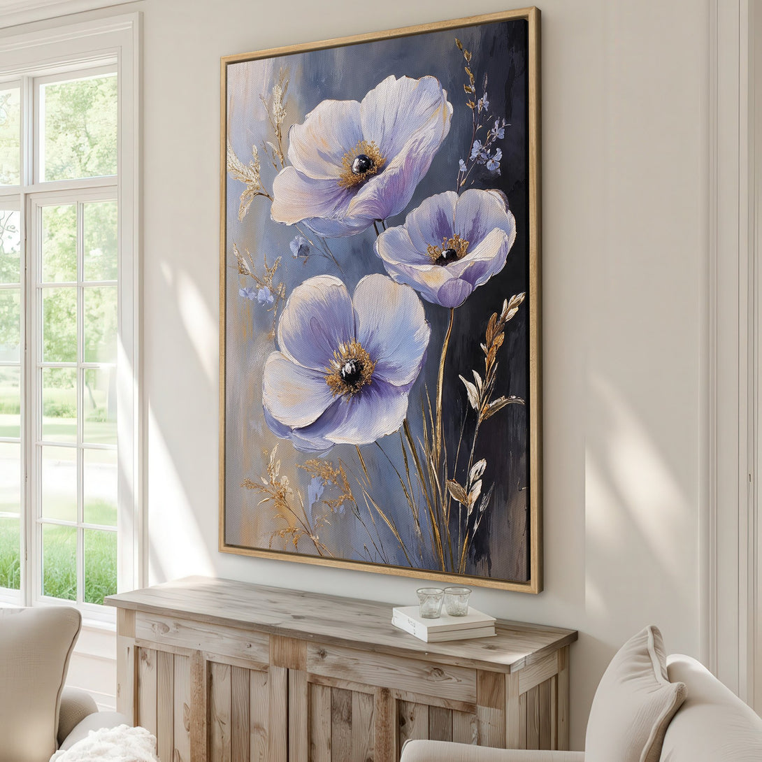 Framed Wall Art: Elegant floral canvas print with lavender and gold tones. Perfect for adding a touch of sophistication to your living room or bedroom decor.