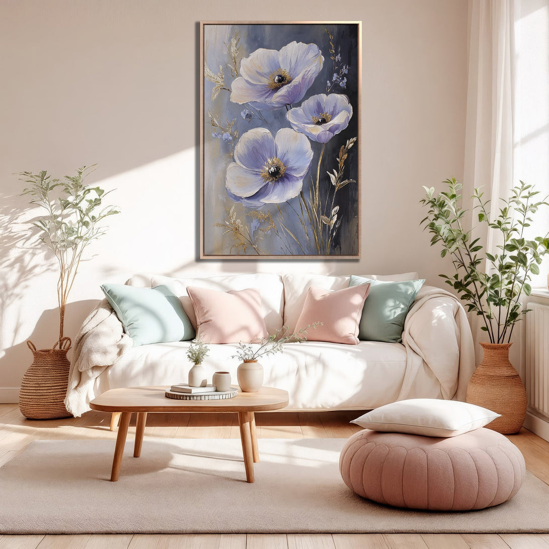 Framed Wall Art featuring elegant floral painting in a soft blue and gold color palette, perfect for modern home decor.