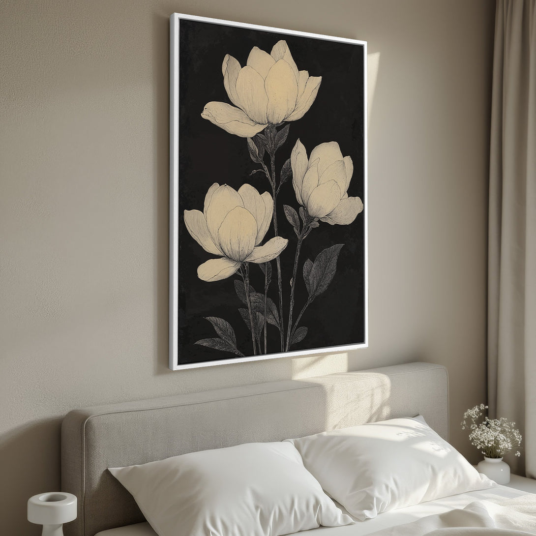 Framed Wall Art featuring elegant floral illustration in neutral tones. Black background with beige flowers. Perfect for bedroom decor.