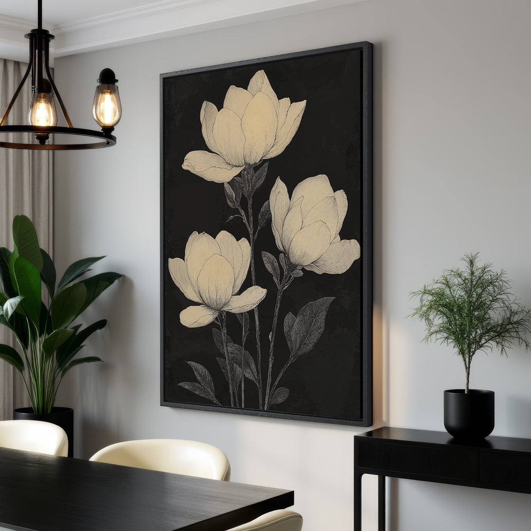 Framed Wall Art featuring elegant floral illustration in neutral tones. Modern black and white Canvas Print adds sophistication to any space. Shop now!