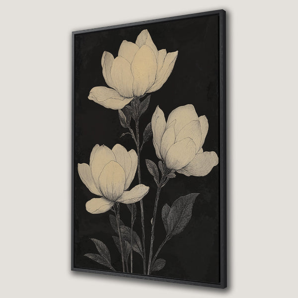 Framed Wall Art featuring elegant floral illustration in beige and black. Modern botanical Canvas Print for stylish home decor.