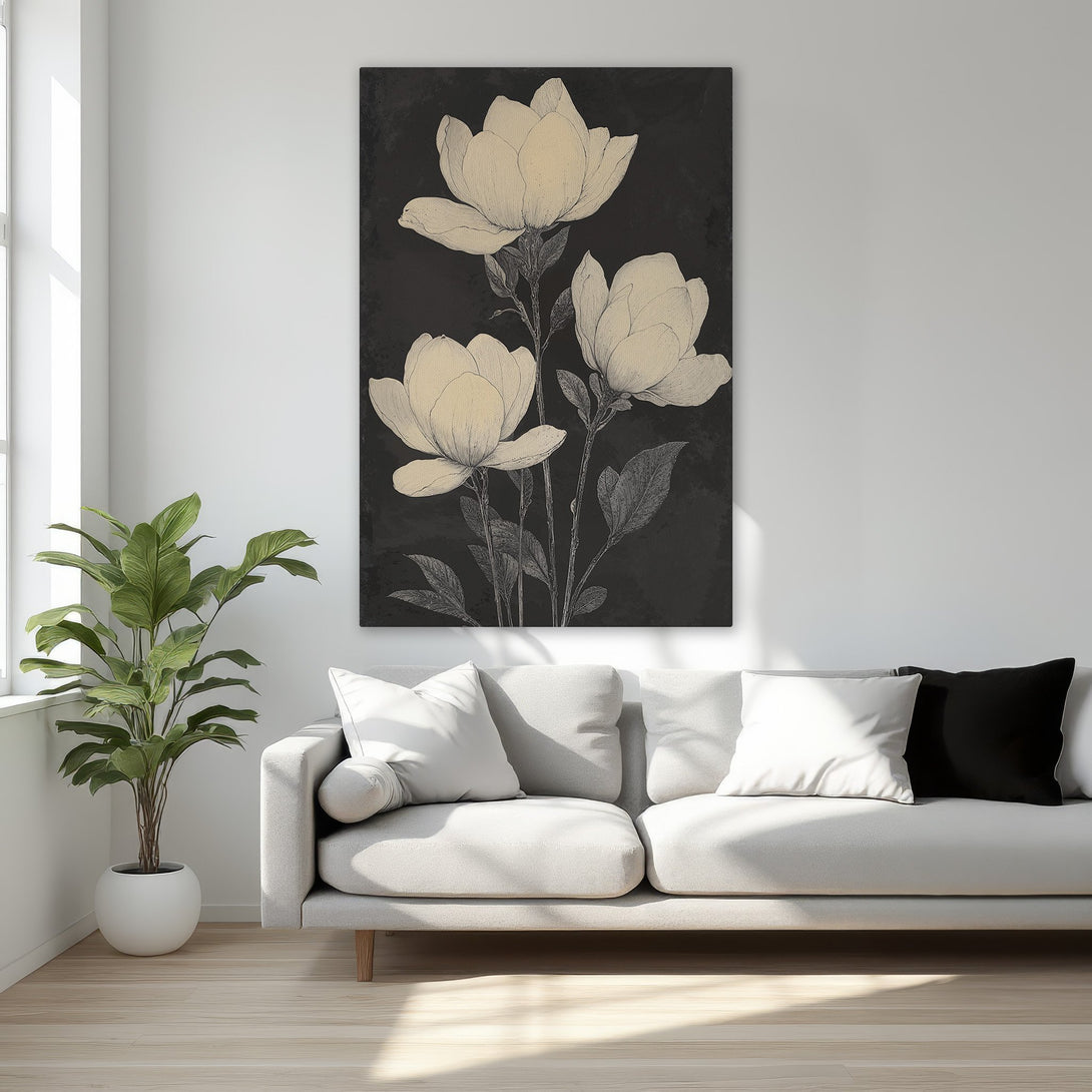 Framed Wall Art: Elegant floral print in black and cream tones. Adds a touch of sophistication to any room. Perfect for bedroom decor.