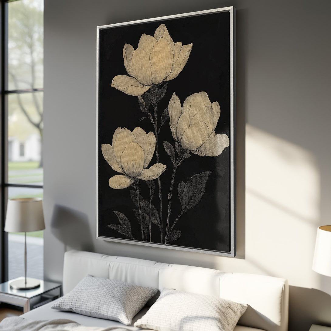 Framed Wall Art: Elegant floral Canvas Print in black and beige, perfect for bedroom decor. Modern botanical art with a neutral color palette.