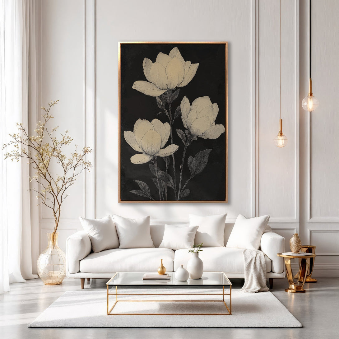 Framed Wall Art: Elegant floral print in neutral tones. Sophisticated black and gold color palette. Perfect for modern living room decor.