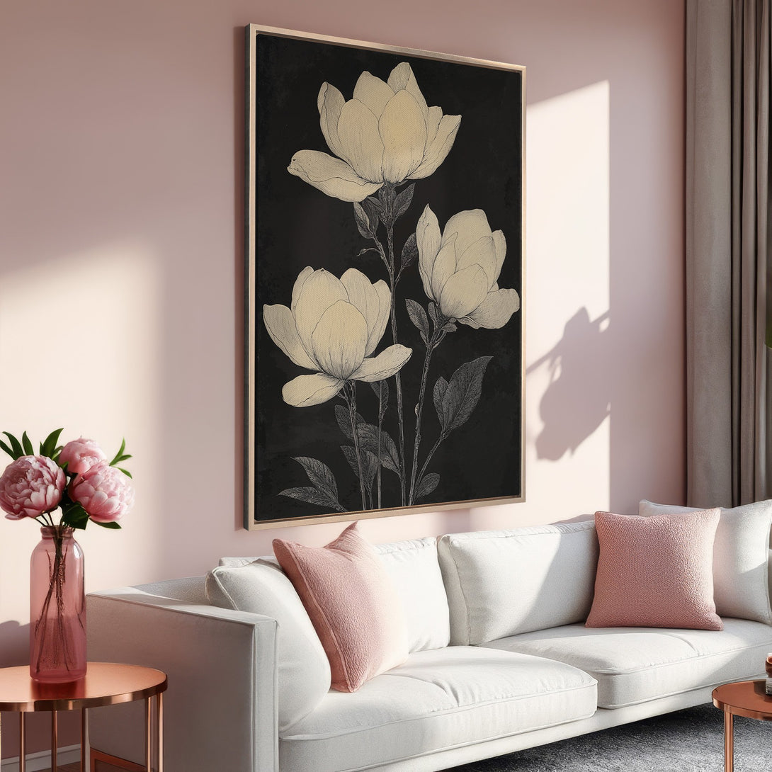 Framed Wall Art featuring elegant floral illustration in neutral tones. Adds a touch of sophistication to any space. Perfect for modern decor.