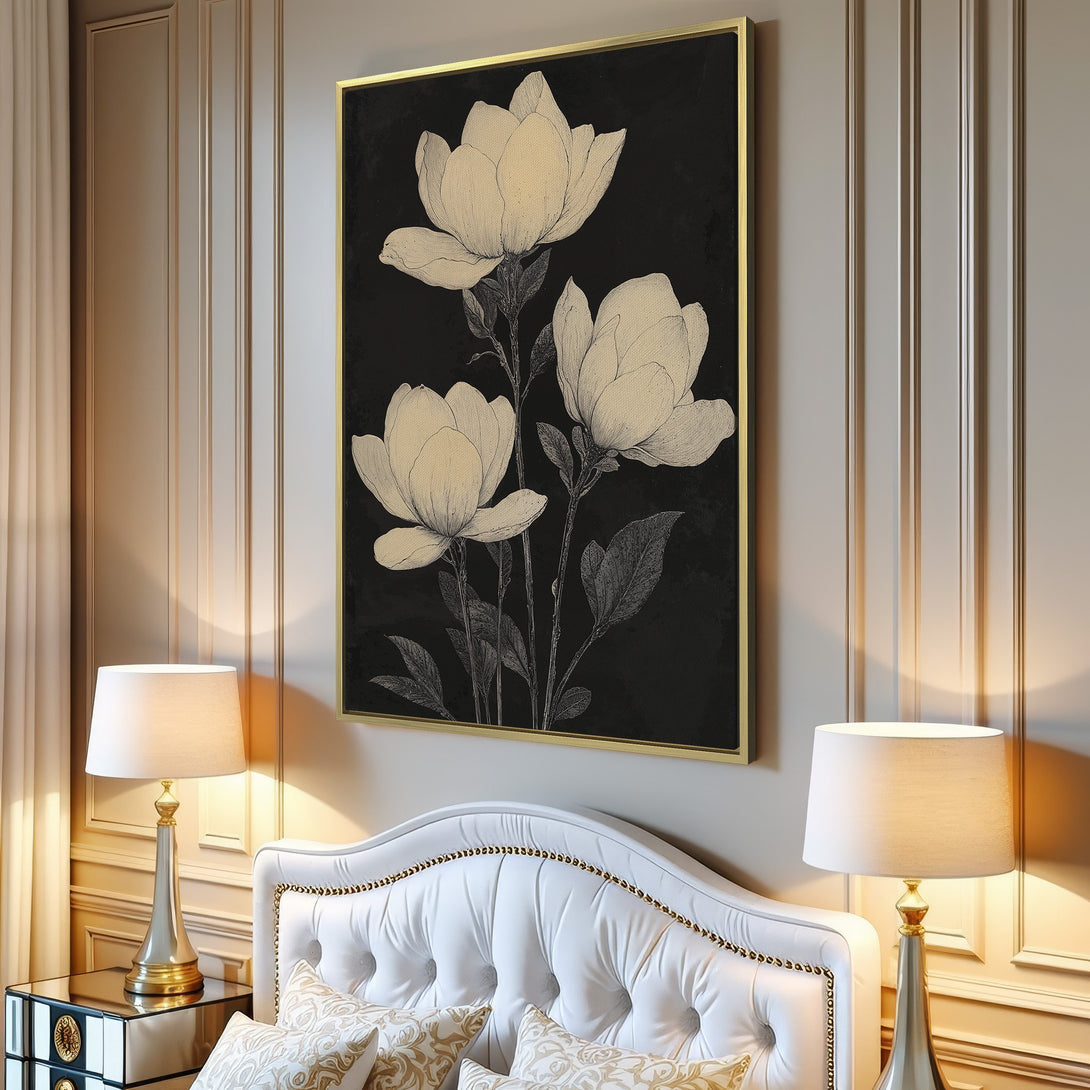 Canvas Print featuring elegant floral art in neutral tones. Modern wall decor with a black and white aesthetic, perfect for any living room.