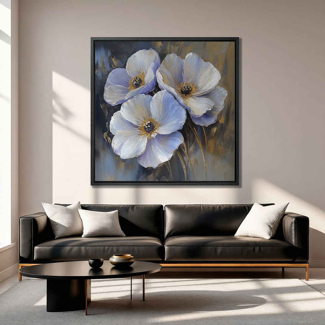 Framed Wall Art: Abstract floral Canvas Print in blue, white, and gold tones. Modern art for living room decor.