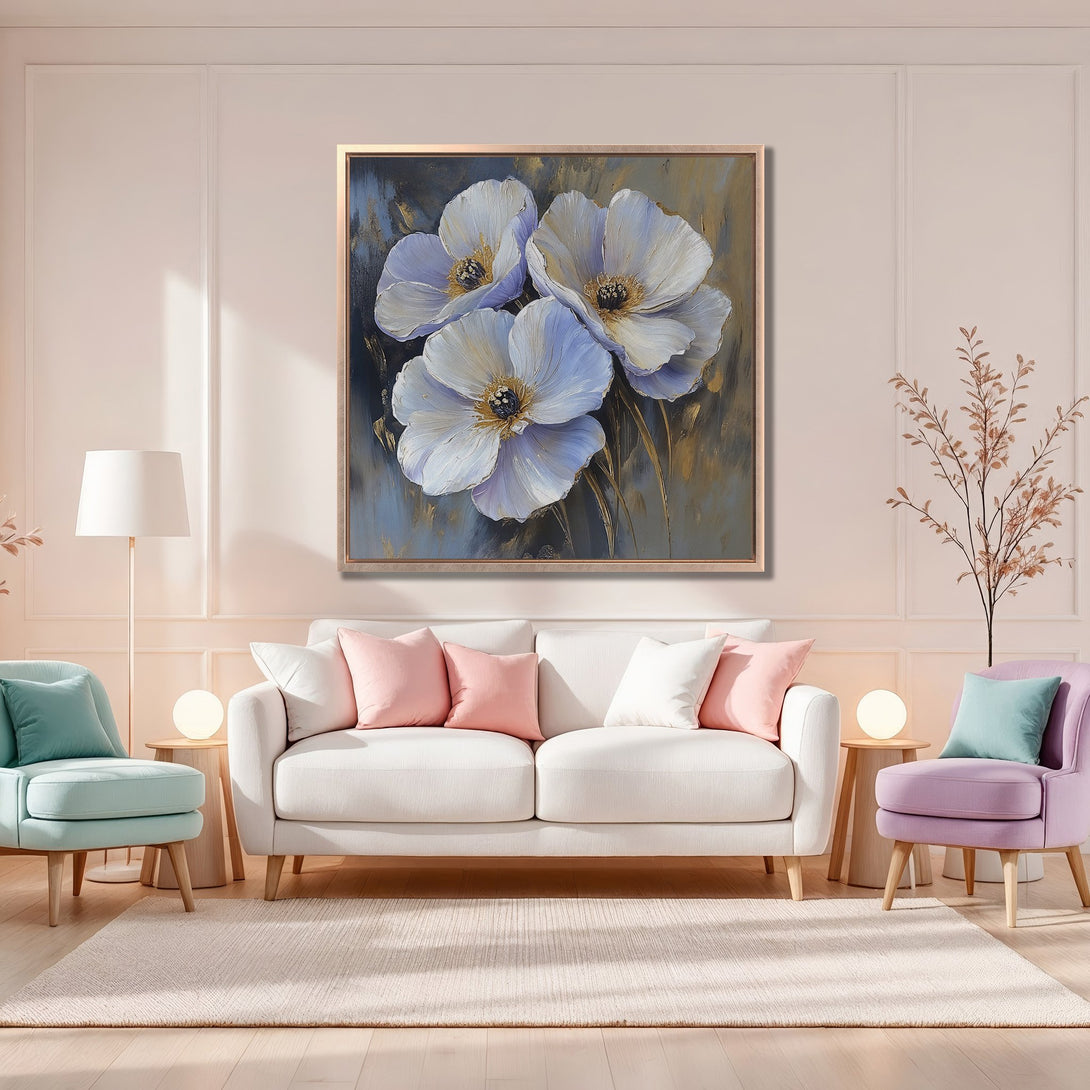 Framed Wall Art: Stunning floral canvas print with soft pastel colors. Perfect for adding a touch of elegance and serenity to your living room decor.