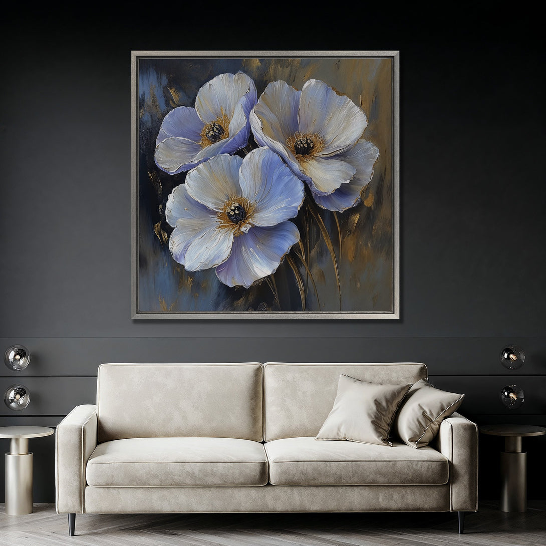 Framed Wall Art: Stunning floral Canvas Print featuring white and blue flowers. Modern art with a calming blue and gold color palette. Perfect for home decor.