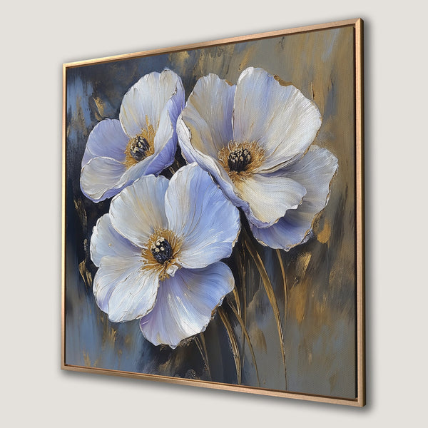 Framed Wall Art: Stunning floral Canvas Print featuring white and lavender flowers with gold accents on a muted blue and gold background. Perfect wall decor!