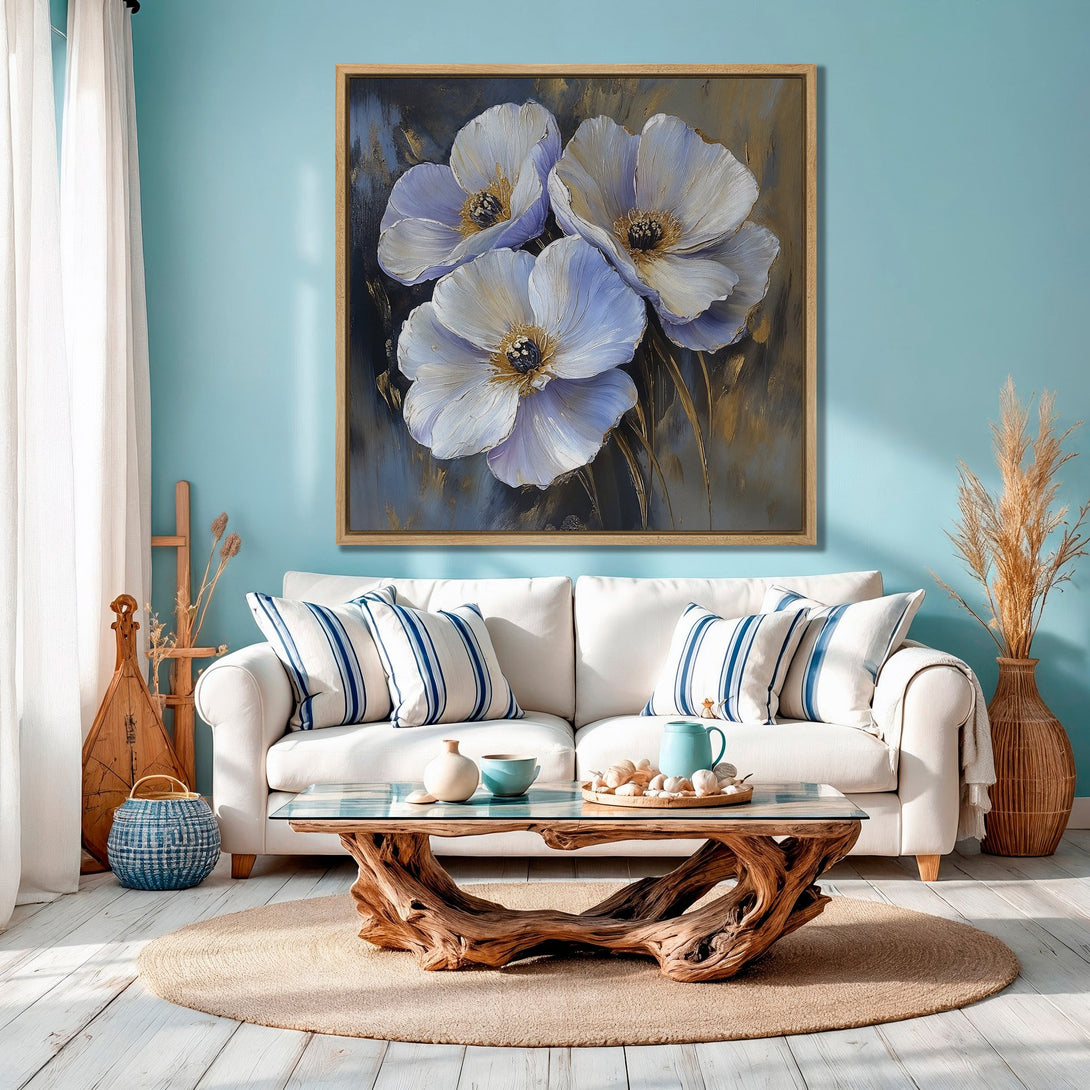 Framed Wall Art featuring elegant floral art in soft blue and gold tones. Enhance your living space with this beautiful Canvas Print!