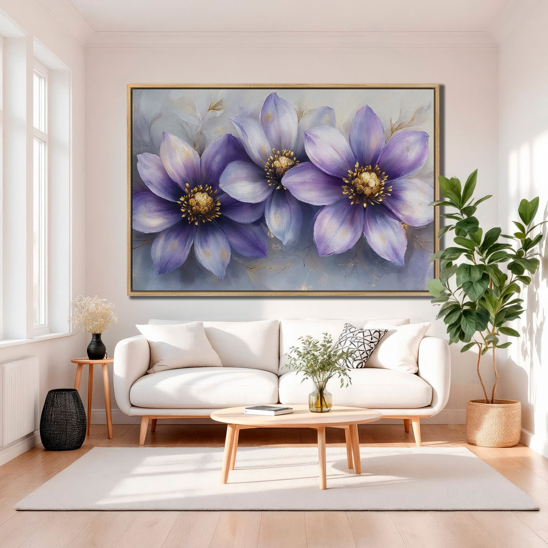 Framed Wall Art featuring elegant purple floral art. Modern canvas print in a light and airy room with a calming color palette. Perfect home decor accent.