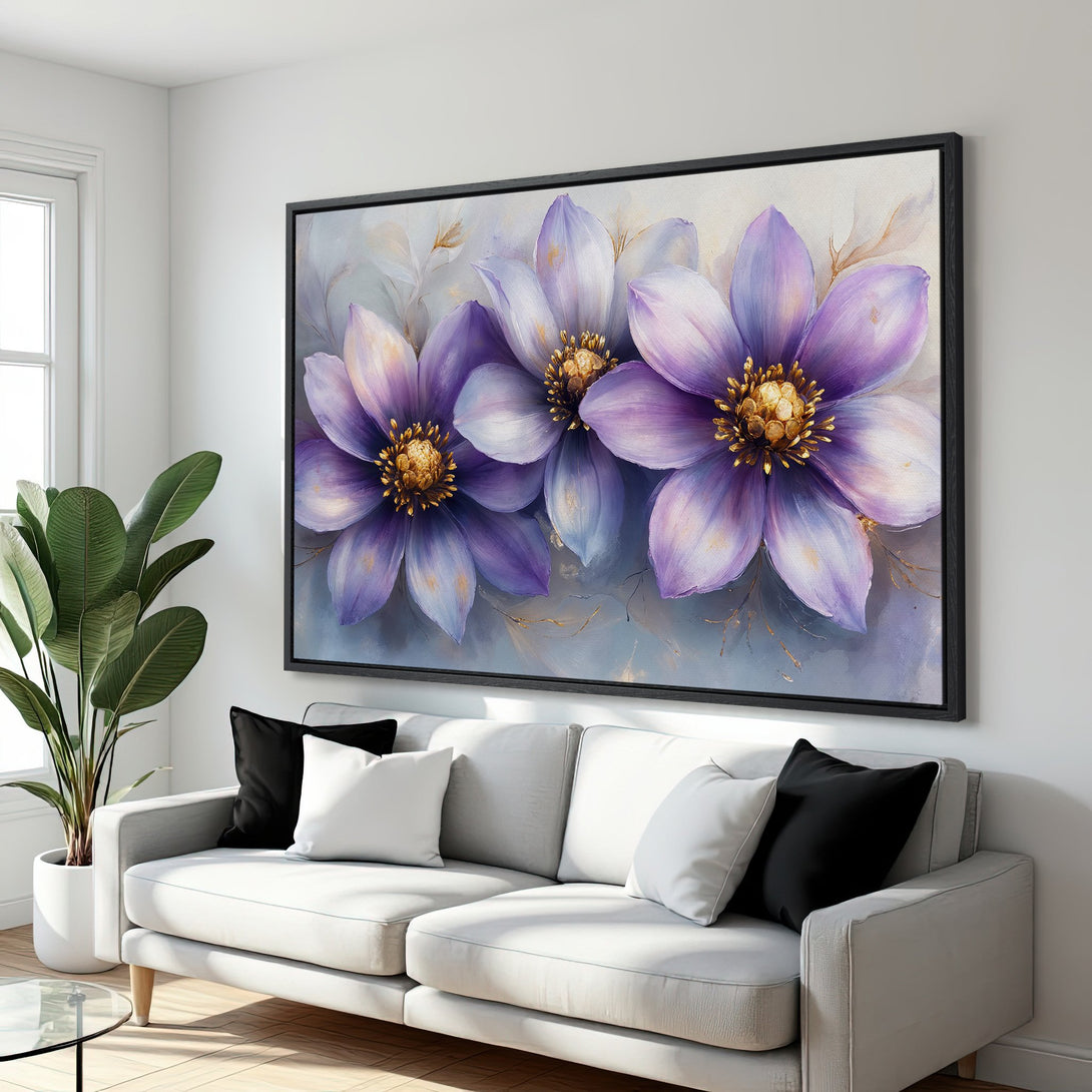 Framed Wall Art: Stunning floral Canvas Print in purple and gold hues. Perfect for adding a touch of elegance to your living room decor.
