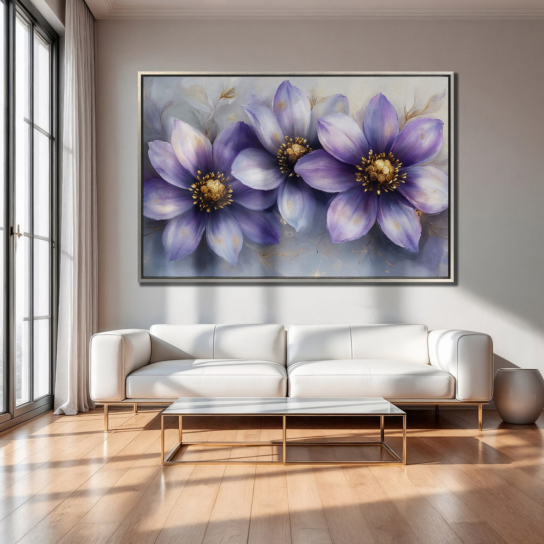 Framed Wall Art: Stunning floral canvas print in purple and gold, adding elegance to any living room. Modern art for home decor.