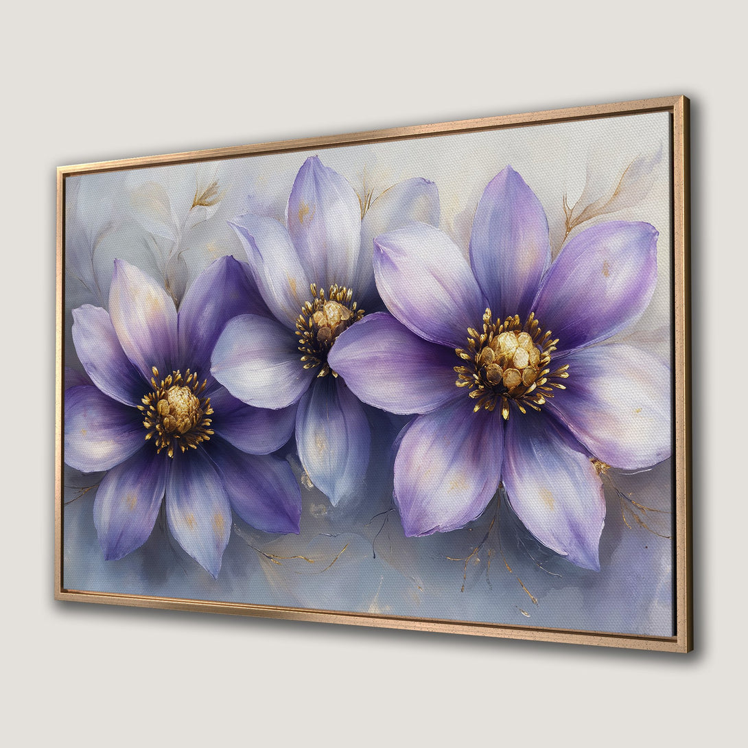 Framed Wall Art: Stunning purple floral painting with gold accents. Adds elegance to any space. Canvas Print with a soft, dreamy color palette.
