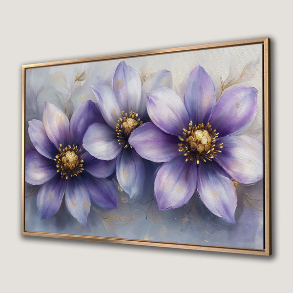 Framed Wall Art: Stunning purple floral painting with gold accents. Adds elegance to any space. Canvas Print with a soft, dreamy color palette.