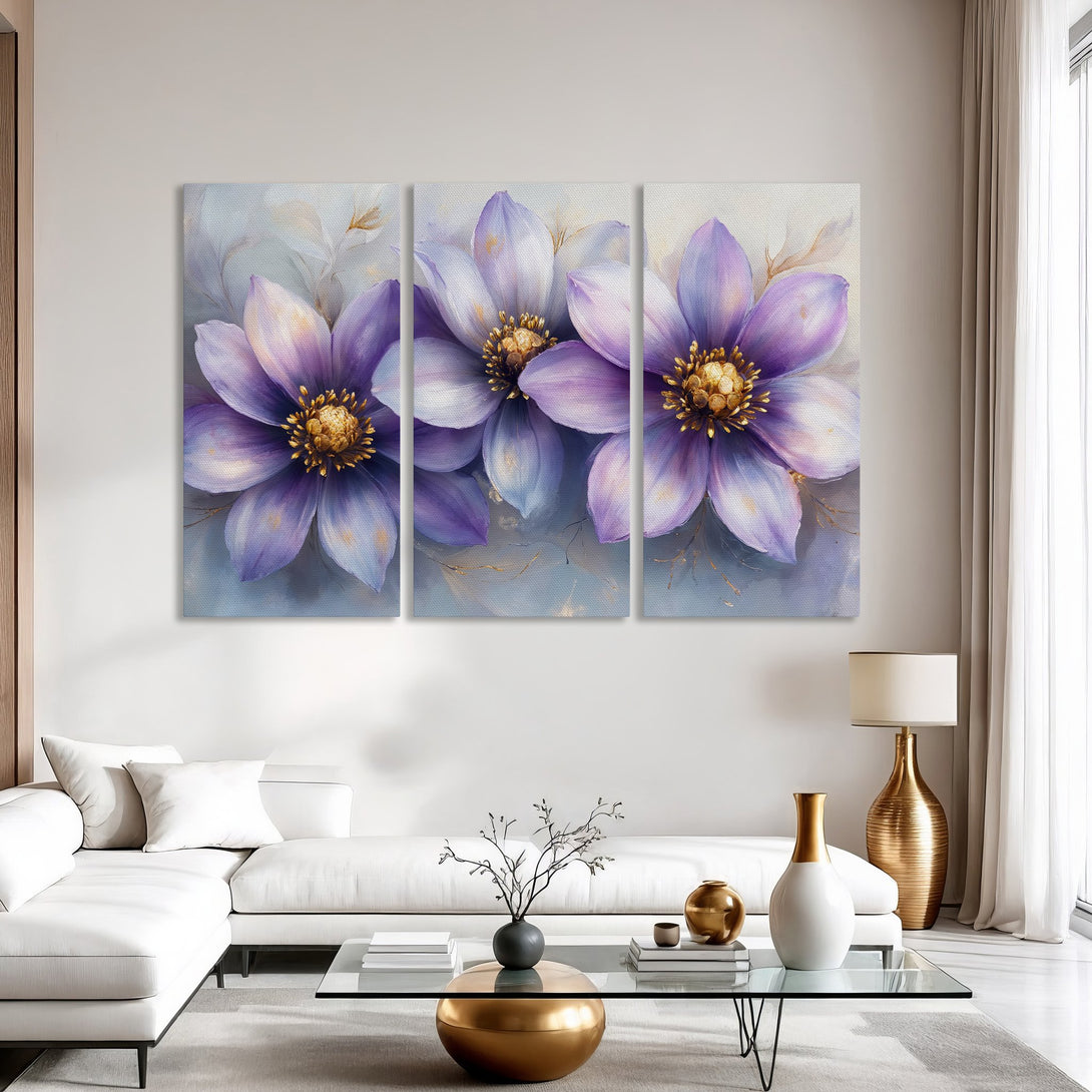 Canvas Print of purple floral art, modern style, perfect for living room decor. Features a calming blue and gold color palette.