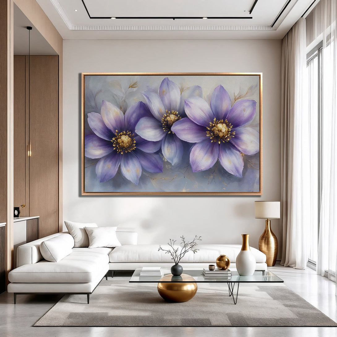 Framed Wall Art: Stunning floral canvas print in purple and gold. Modern art for living room decor. Adds elegance and style to any space.