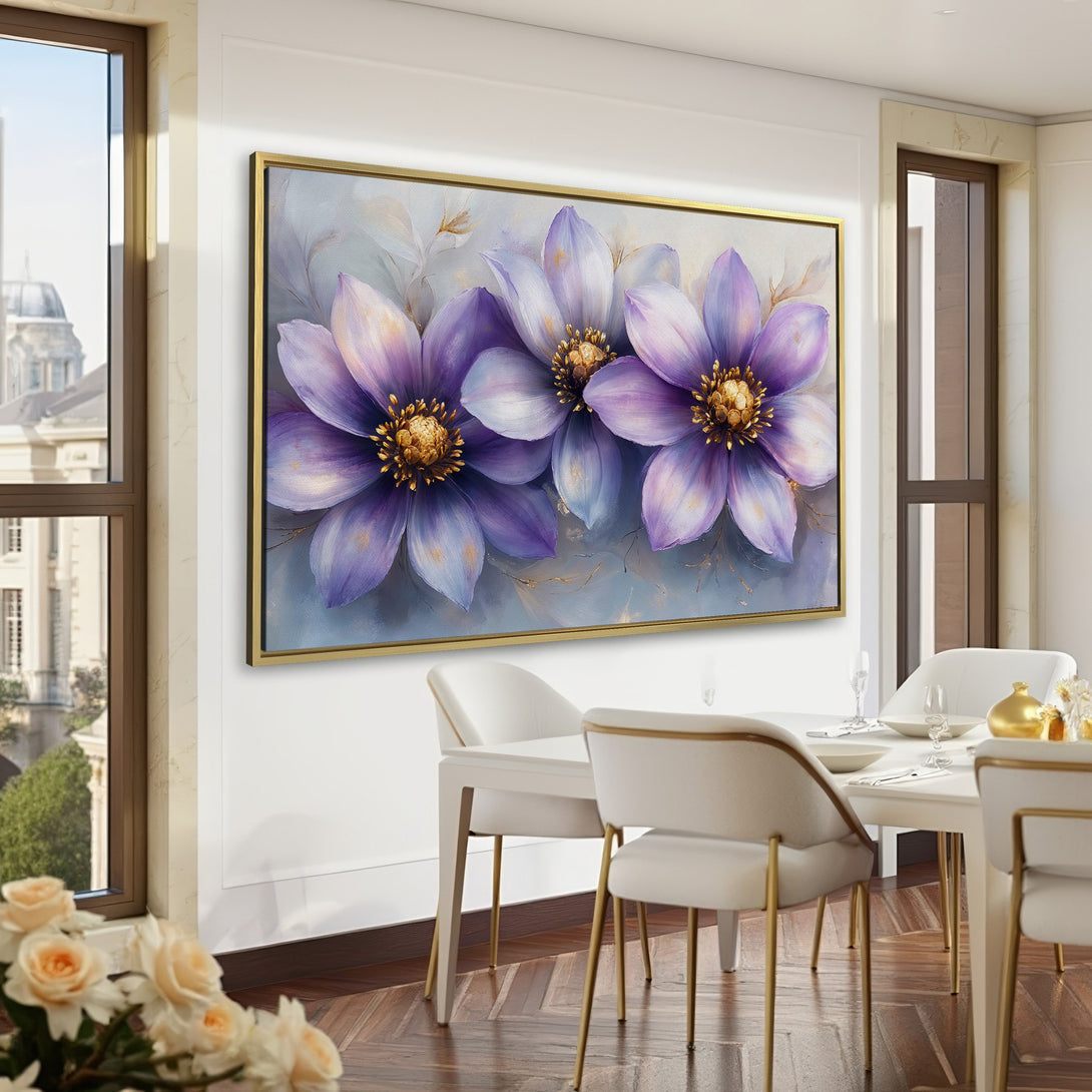 Canvas Print of purple floral art in a classic interior. Features large, stylized flowers with gold centers. Color palette: purple, gold, green.