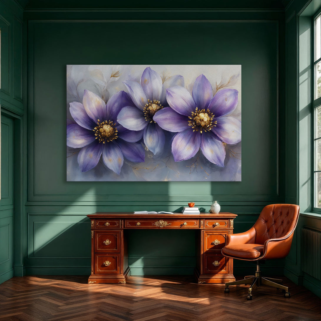 Framed Wall Art: Elegant floral canvas print in purple and gold tones. Adds a touch of modern art to any dining room or living space.