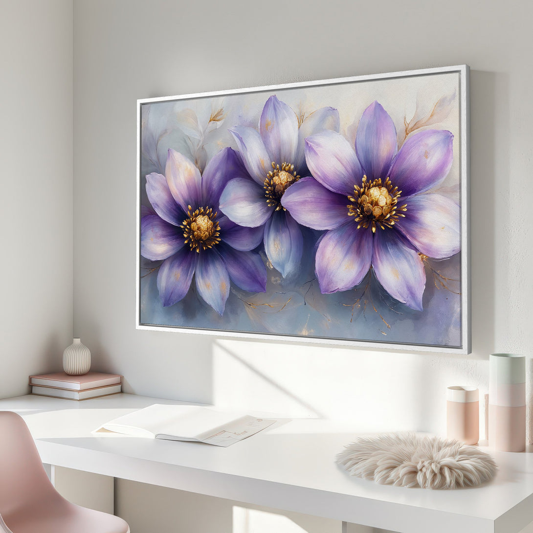 Framed Wall Art featuring vibrant purple floral painting, perfect for adding a touch of elegance. Soft, pastel color palette complements any interior.