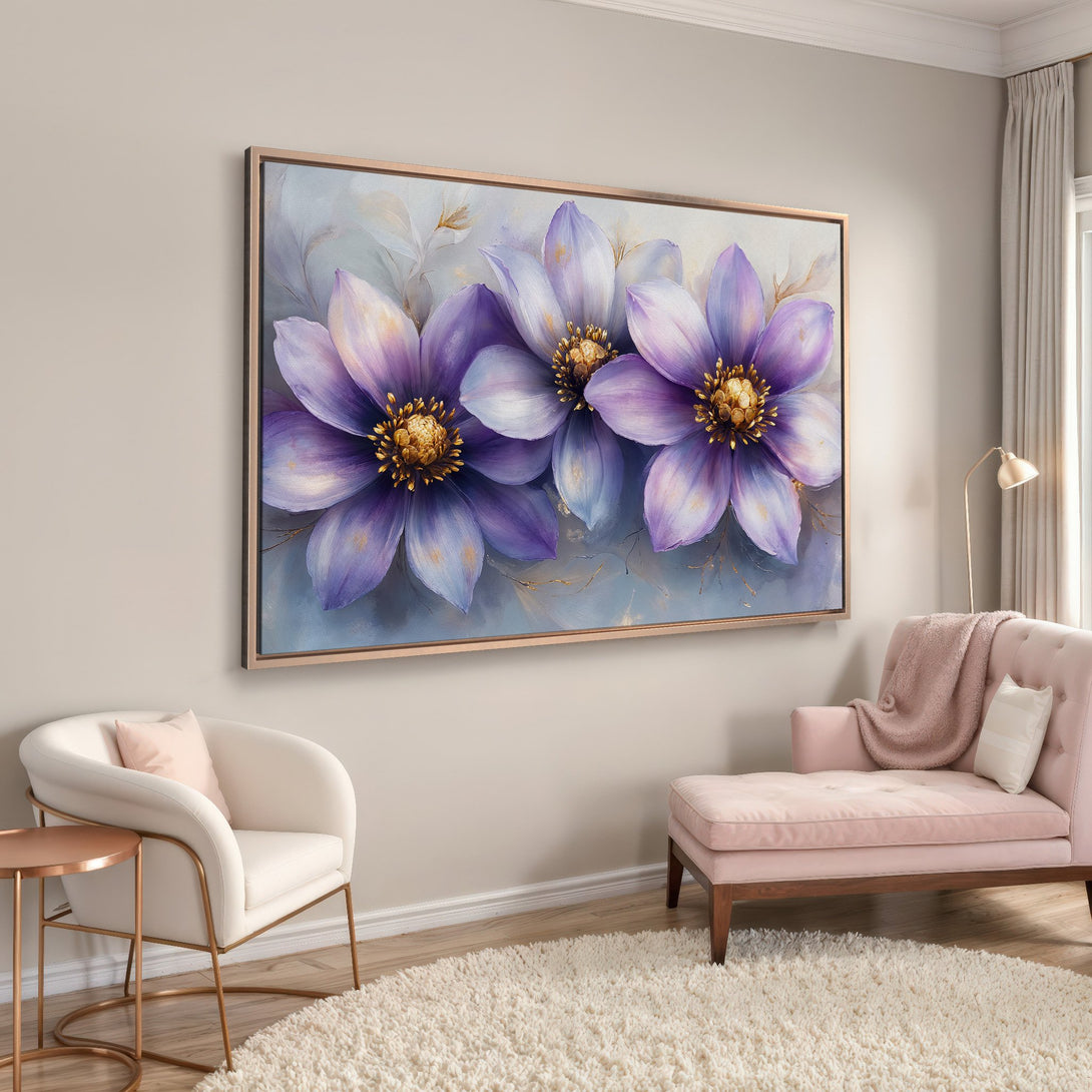 Framed Wall Art featuring vibrant purple floral art, perfect for adding a touch of elegance. Soft, pastel color palette complements any interior.