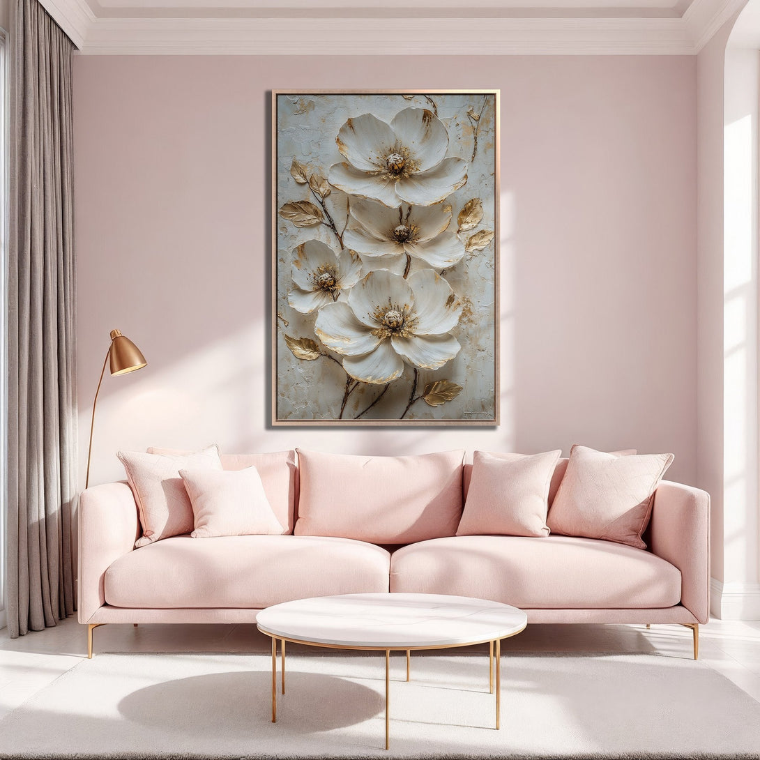 Framed Wall Art featuring elegant white and gold floral design. Adds a touch of luxury to any space, perfect for a modern, blush-toned interior.