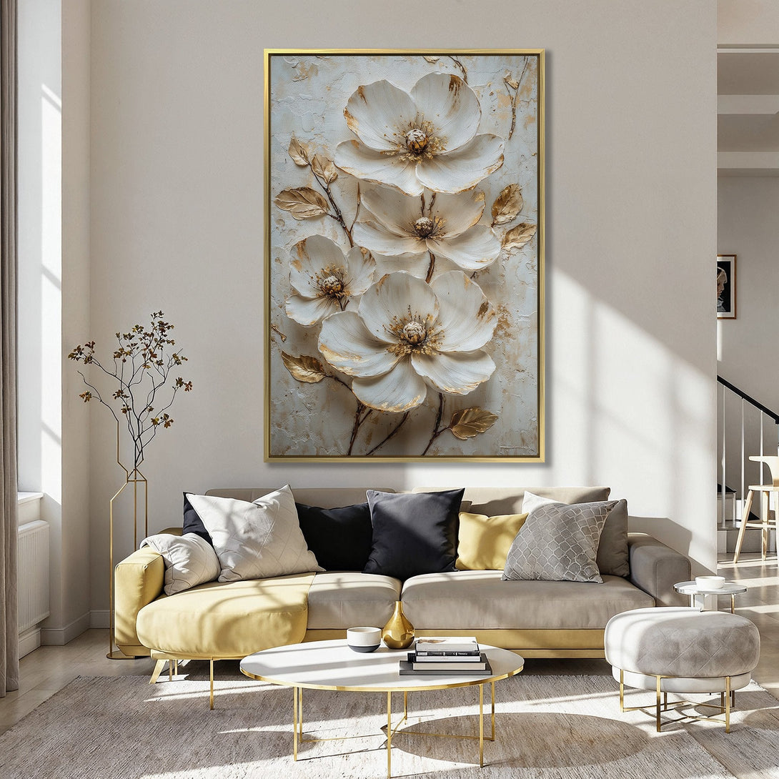 Canvas Print of elegant white and gold floral art, perfect for adding a touch of sophistication to any space. Features a soft, neutral color palette.