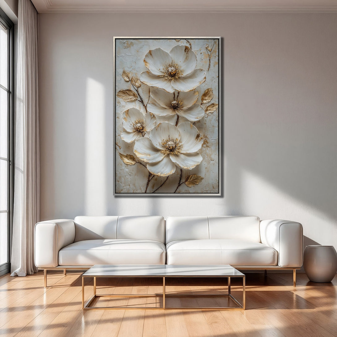 Framed Wall Art: Elegant floral Canvas Print in neutral tones. Modern interior decor with white, gold, and beige color palette. Elevate your space!