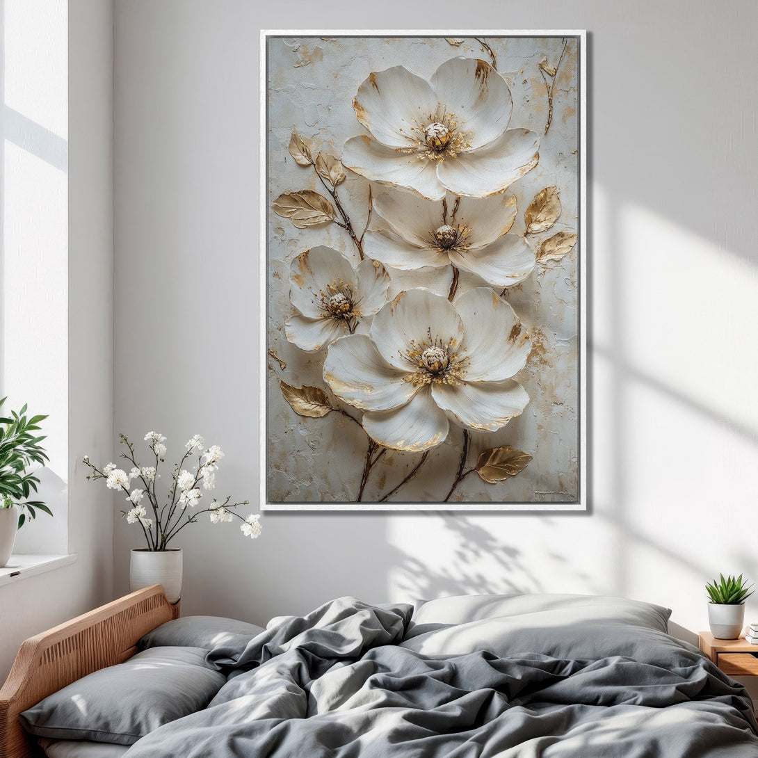 Framed Wall Art: Elegant white floral canvas print with gold accents. Perfect bedroom decor, neutral color palette, modern style.