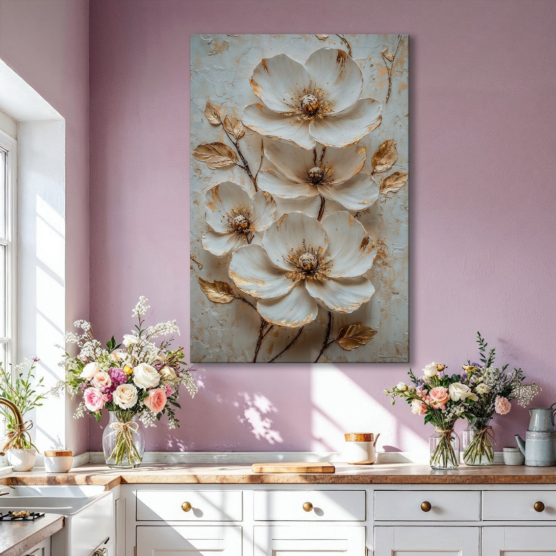 Framed Wall Art: Elegant floral canvas print in a neutral color palette with gold accents. Perfect for adding a touch of sophistication to any space.