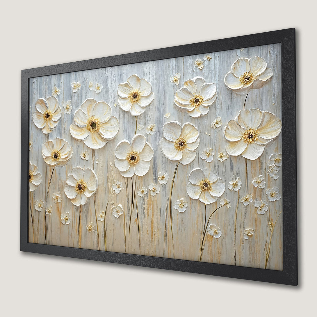 Framed Poster featuring textured white flowers with gold centers, neutral palette, and a modern style. Perfect wall art!