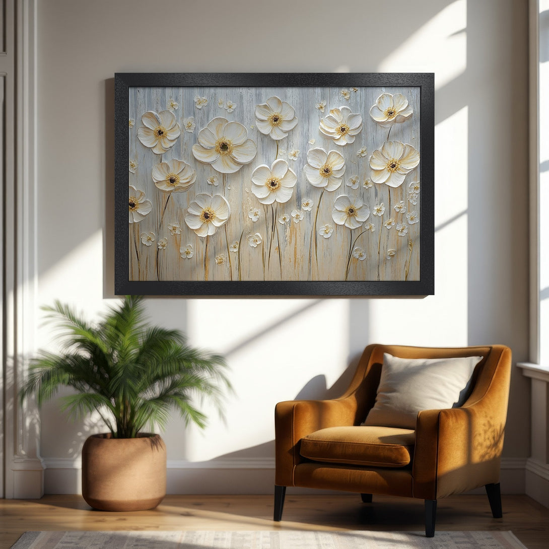 Framed Poster featuring white floral art with a textured, modern style and a neutral color palette. Perfect wall decor.