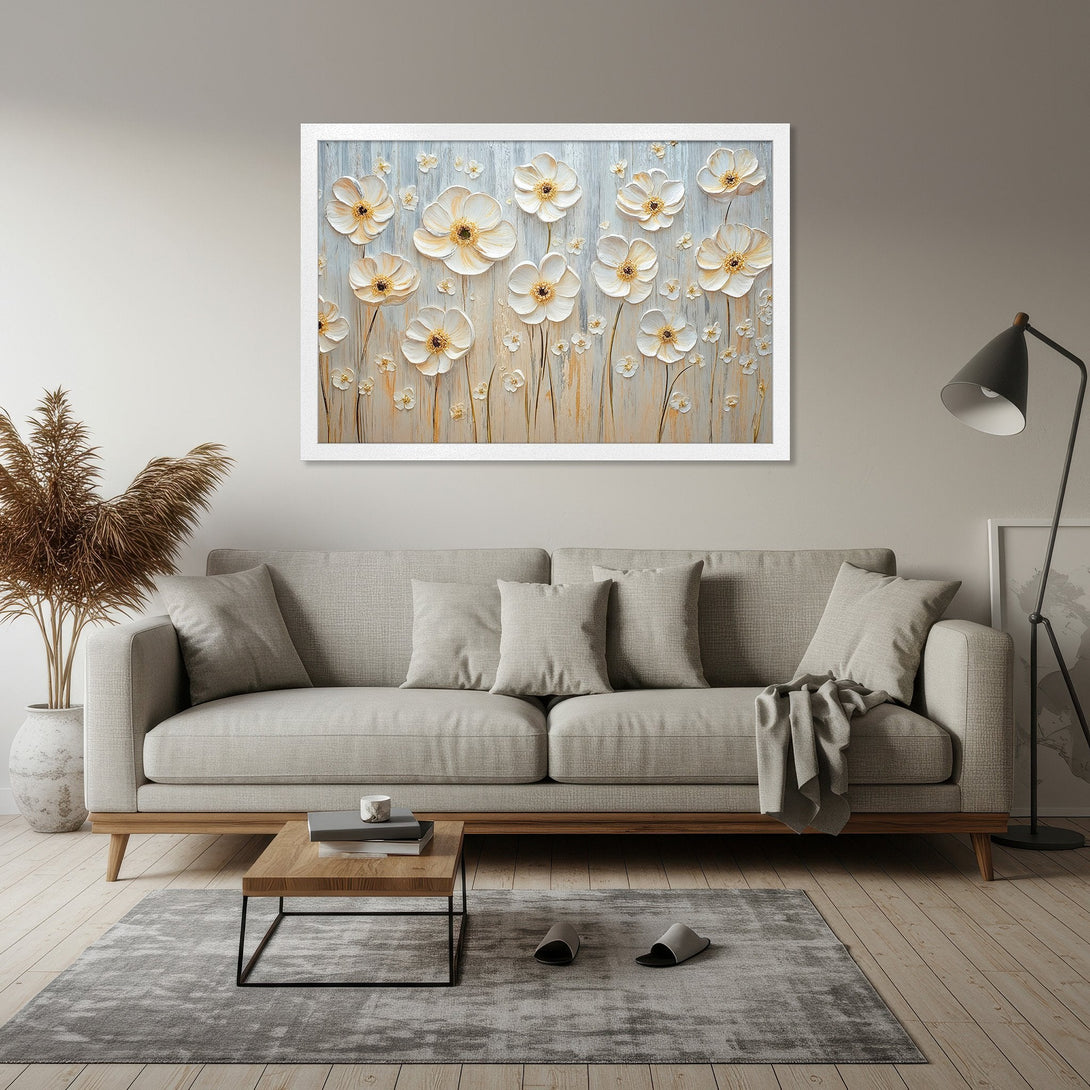 Framed Poster featuring white floral art with a neutral color palette, perfect for living room decor. Modern and stylish.