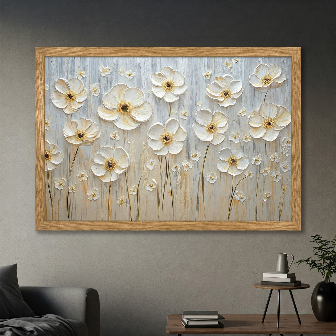Framed Poster featuring white floral art with a neutral color palette, perfect for modern home decor.